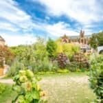 Lush garden with diverse plants and historic church in the background.